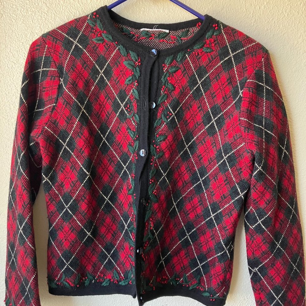Talbots Petites Plaid Cardigan Holiday Embroidered Holly trim Size S